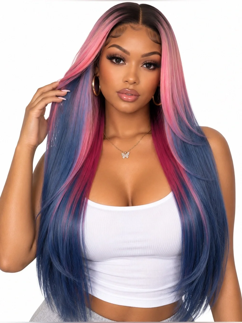 Long Straight Pink to Blue Ombre Wig - Sleek Women's Hair